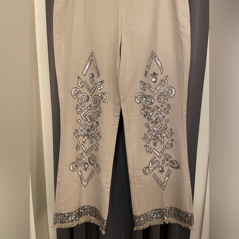 Venus Pants Beaded Linen Blend Bohemian Tan Size 8 - Picture 2 of 16